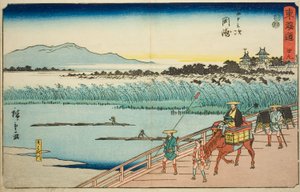 冈崎：八萩川（冈崎，八幡川）--第 39 号，选自 "东海道五十三站 "系列，又称 "丽正东海道"。 作者 歌川宏重