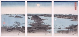 满月的金泽景观全景，来自“雪，月，花”系列，1857年（木版画）