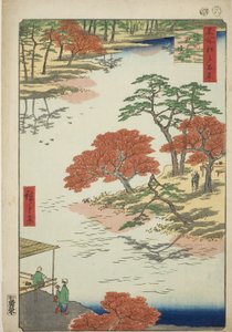 江户百景 "系列中的 "浮寺秋叶神社"（浮寺秋叶之景）。 作者 Utagawa Hiroshige