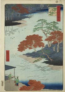 江户百景 "系列中的 "浮寺秋叶神社"（浮寺秋叶之景）。 作者 Utagawa Hiroshige
