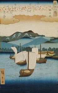 Yabase从Omi系列的八个观点返回帆，c.1855-8（彩色木版画）
