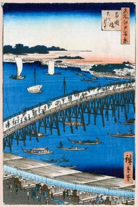 两国桥的河岸 1856-1858年江户的一百个著名景观。   作者 歌川宏重