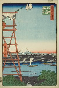 江户百景 "系列中的第 5 号 "龙谷江口院和本柳桥（龙谷江口院本柳桥）"。 作者 歌川宏重