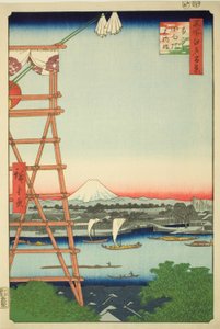 江户百景（名所江户百景）"系列中的 "龙谷江口院 "和 "本柳桥"（龙谷江口院本柳桥） 作者 歌川宏重