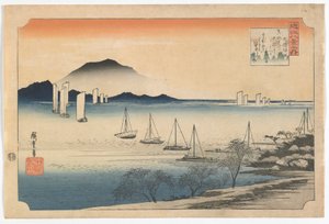 帆船回到江户时代，20世纪30年代初的Yabase（彩色木版画）