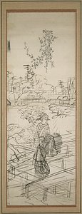 妇女过桥的素描 作者 歌川宏重