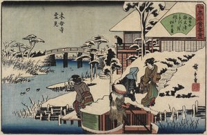 在Mokubo-ji寺的雪景和Uekiya餐厅，Uekiya，c。 1835年至1842年