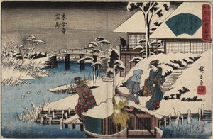 Mokubo-ji寺的雪景和Uekiya餐厅，c。 1835年至1842年