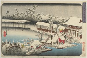 在Kameido Tenman，1832-1834的神社地面下雪