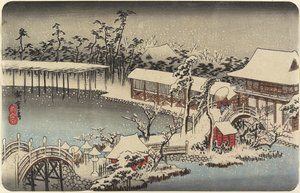 在Kameido Tenman，1832-1834的神社地面下雪