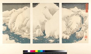 在Kiso山区和河流的雪风暴，（sanmaitsuzuki  -  triptych，yoko-e  - 横向格式，彩色木版画）