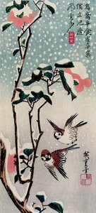 雪中的麻雀和茶花，19世纪30年代。   作者 歌川宏重