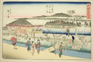 江户名胜新选 "系列中的 "不忍池新堤春景"（不忍池新堤春景）。 作者 歌川宏重