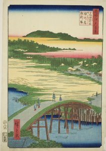 菅田桥、大木桥和高田砾石坑（高田菅田桥大木桥），选自 "江户百景 "系列。 作者 歌川宏重