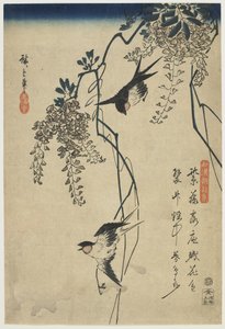 燕子飞过紫藤藤，1837-44（彩色木版画）
