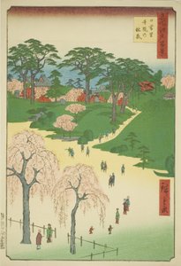 日暮里的寺院花园（日暮里寺院之林泉），选自 "名所江户百景 "系列 作者 Utagawa Hiroshige
