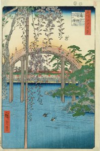 与紫藤或Kameido天神Keidai的桥梁，从&39;100江户观看&39;板57，1856（彩色木版画）