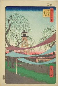 江户名胜百景 "系列中的第 6 号 "巴室町初音骑马场"（巴室町初音之场）。 作者 歌川宏重