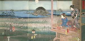 富士通夫人看着源氏王子于1853年在月光下离去（彩色木版画）