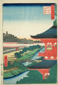 江户百景 "系列中的第 53 号 "藏王寺塔和赤羽"（藏王寺至赤羽）。 作者 歌川宏重