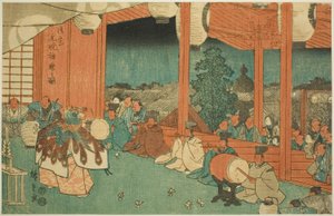 黎明时分芝神明神社的神舞（芝神明，大宫玄代神乐之作），选自 "东都名胜（东都名胜）"系列 作者 歌川宏重