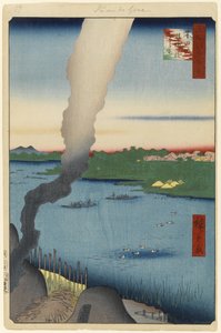 翡翠窑和Hashiba渡轮，隅田川，从江户一百个着名景观37号（木版画） 作者 歌川宏重