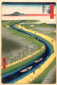 沿着Yotsugi-dori运河的拖船，从江户时代，江苏时代，Ansei时代，1857年（木刻版）系列一百个着名景观板块33 作者 歌川宏重