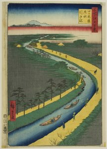 四月通运河上的拖船，选自 "名所江户百景 "系列。 作者 歌川宏重