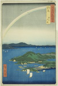 对马省：海岸的晴朗黄昏（对马，海岸夕阳），选自 "六十多个省的名胜（六十多个省的名胜）"系列 作者 歌川宏重