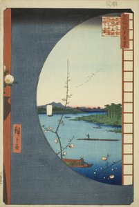 从正木眺望水神社、内川入海口和关谷（《正木眺望水神社内川关谷》），选自 "江户百景 "系列。 作者 歌川宏重