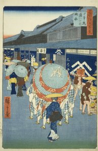 日本桥鸟居（Nihonbashi Tori-itchome ryakuzu），选自 "江户百景（名所江户百景）"系列 作者 歌川宏重