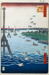 芝海岸的景色 江户的一百个著名景色，1856-1858。   作者 歌川宏重