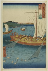 若狭省：若狭渔船网扁平鱼（若狭，gyosen karei ami），选自 "六十多个省的名胜（六十多个省的名胜）"系列 作者 歌川宏重