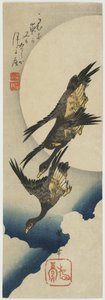 横跨月亮的野鹅，1834-39（彩色木版画）