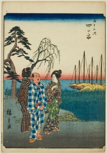 四日市，选自 "东海道五十三站 "系列，又称 "人形东海道"。 作者 歌川宏重