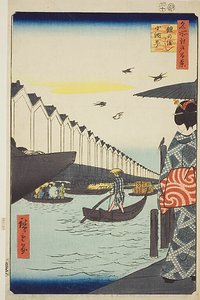 江户百景 "系列中的第 46 号 "夜郎渡口小见町"（夜郎之渡口小见町）。 作者 歌川宏重