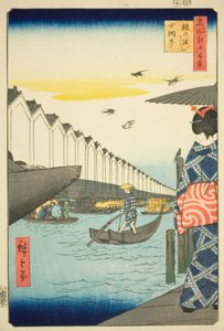 江户百景 "系列中的 "夜郎渡口小见町"（夜郎的渡口小见町）。 作者 歌川宏重