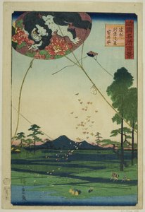 福来的风筝和鸟见省秋叶远景（Enshu Akiba enkei Fukuroi tako），选自 "各省百景（Shokoku meisho hyakkei）"系列。
