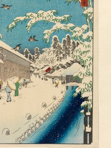 爱宕下和薮光寺 (Atagoshita Yabukôji)，1858 年之前（木刻彩色印刷，云母片和织物印刷） 作者 歌川我广重