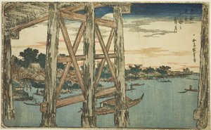 龙谷桥上的暮月（龙谷之月），约 1831 年（彩色木刻版画；荞麦面） 作者 歌川我广重