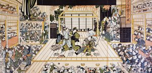 江户的歌舞伎表演，宇多川国治（1794-1829）的浮世绘艺术版画，木刻，日本文明，江户时代 作者 歌川国丸