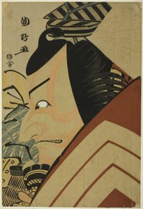 1796 年 11 月在宫古剧场上演的话剧《源氏圣和日大》中的柴乐场景，饰演碓井有太郎贞光的演员市川惠比藏。