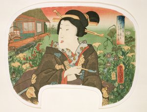 秋天，Hanayashiki：一个带有烟斗的艺伎，设计为一套四个风扇，用于说明季节，1858-60（木版画）