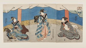 斗鸡中的美女（Bijin Toriaiu）（彩色木版画）。 作者 歌川国贞