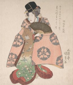 歌舞伎演员扮演女性角色，手持扇子站立，19世纪。, 19世纪。 作者 歌川国贞