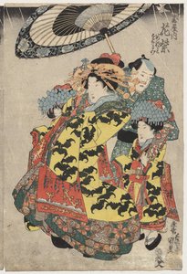雨中漫步的玉屋宫女花村咲和越武 作者 歌川国贞