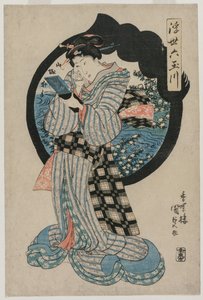 拿着手镜的女人，来自《漂浮世界的六条塔玛河》系列 作者 歌川国贞