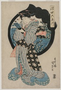 手持手镜的女人，来自《浮动世界的六条多摩河》系列，c。 1830年代初期 作者 歌川国贞