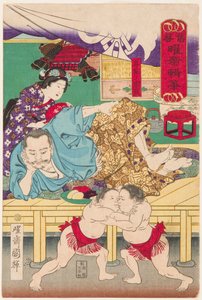 Combat de deux enfants sumo devant Tachibana Muneshige (1567-1642). Estampe de Kuniteru, Utagawa (1808-1876) 作者 歌川国辉