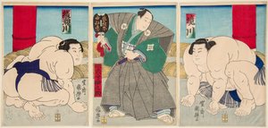Shakaigawa 和 Ayasemawa 相扑战士。 歌川国铁邮票（1808-1876） 作者 歌川国辉